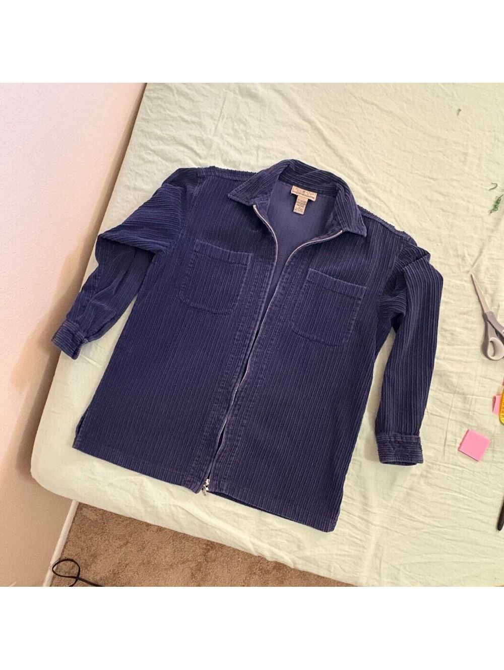 Vintage Corduroy Full Zip Shirt Jacket Unisex M Navy Blue 100% Cotton